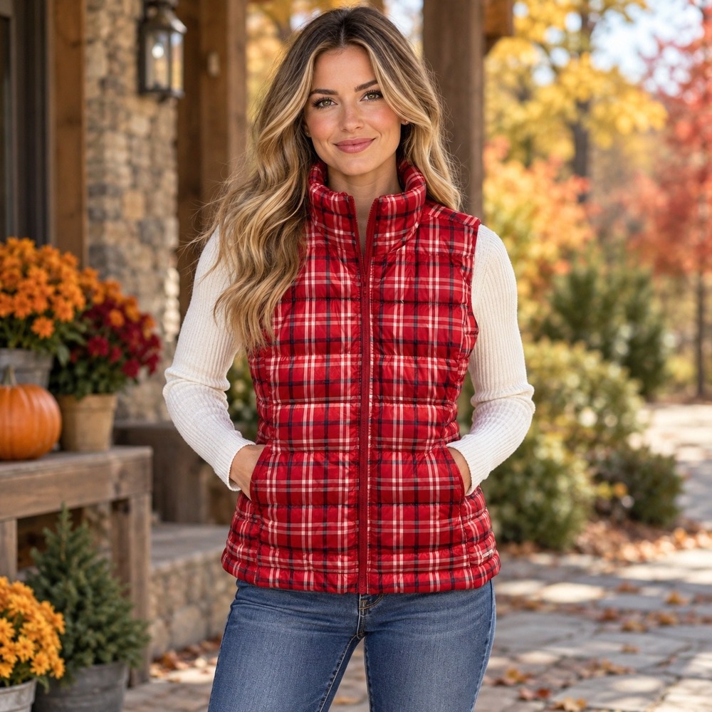 Lands' End Puffer Vest Red Plaid Down Fill Quilted Classic Preppy Gorpcore M